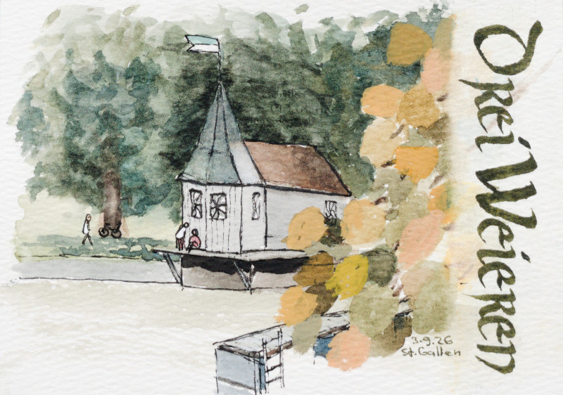 Bathhaus at Drei Weieren in St. Gallen. Painted with watercolor