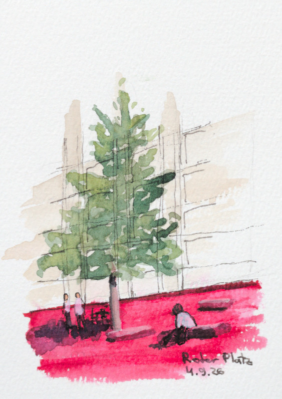 Tree on the Red Square in St. Gallen with people and benches. Painted with watercolor