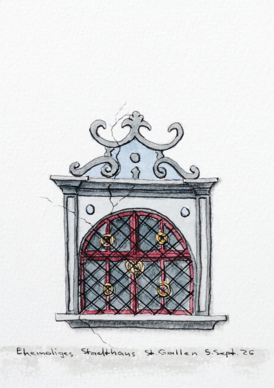 Window with ornaments on the former city hall St. Gallen. Painted with watercolor